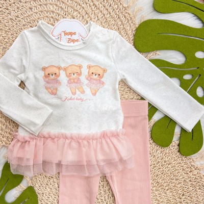 Conj. Blusa Manga Longa Três Ursinhas Bailarinas e Calça Legging - Areia e Rose